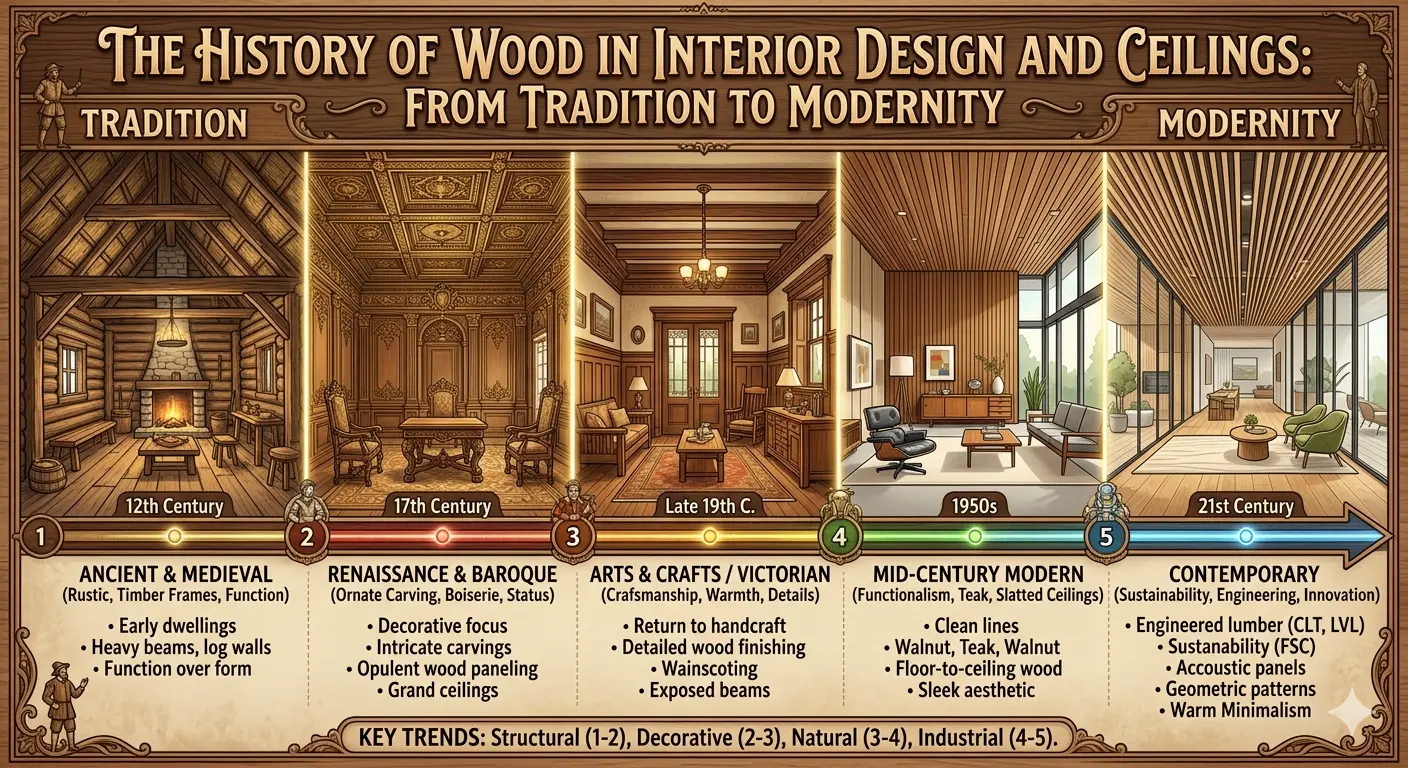 The History of Wood in Interior Design and Ceilings – From Tradition to Modernity